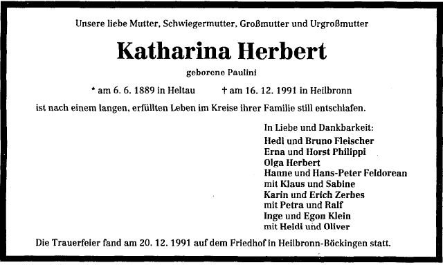 Paulini Katharina 1889-1991 Todesanzeige